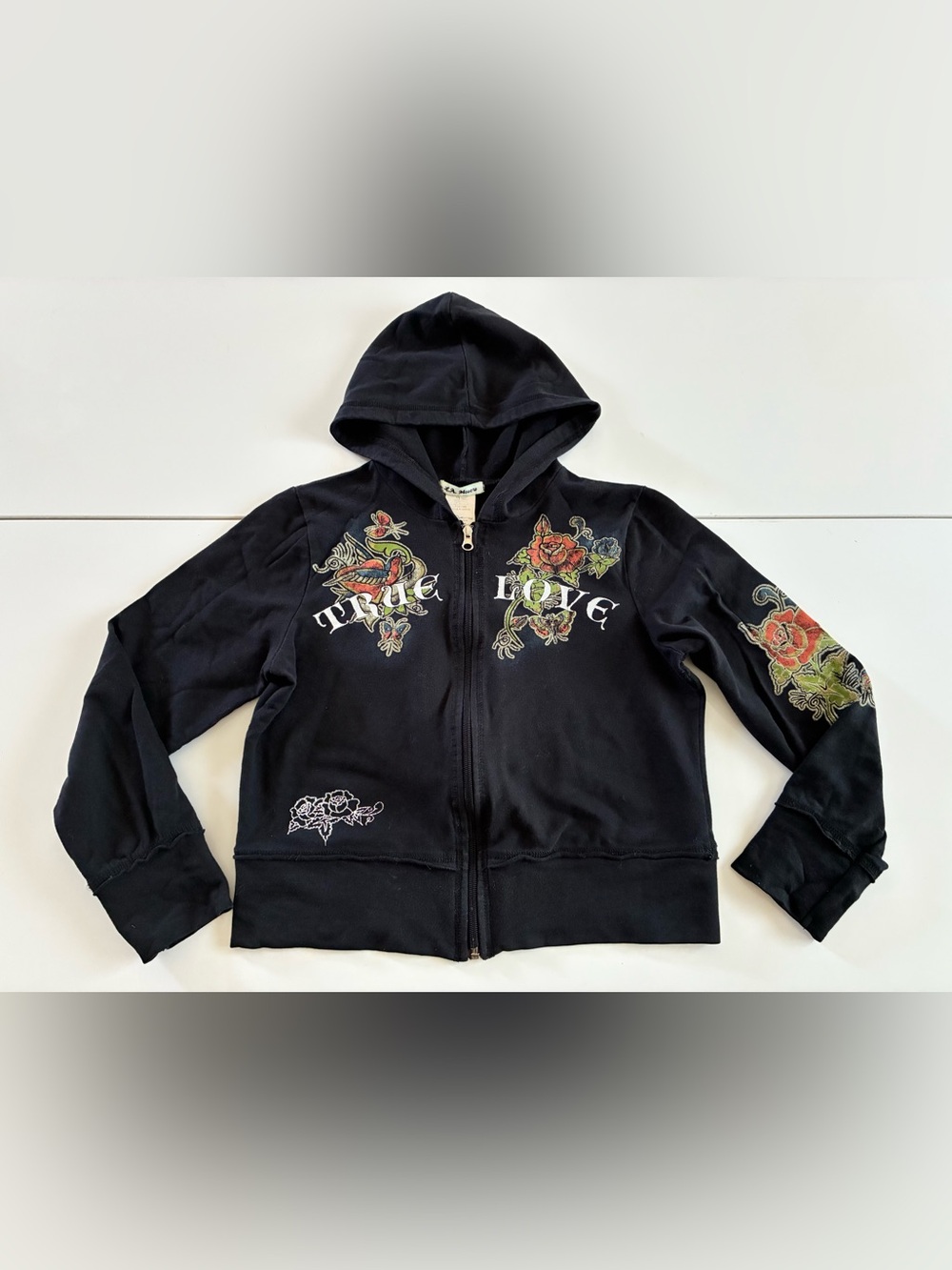 Y2K L.A. Movers M Faded BLK Thin Zip Up Tattoo Flash 'True Love' Hoodie Stretchy